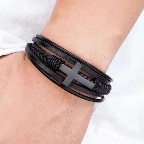 Black Leather Cross Bracelet - Picture 1 of 2